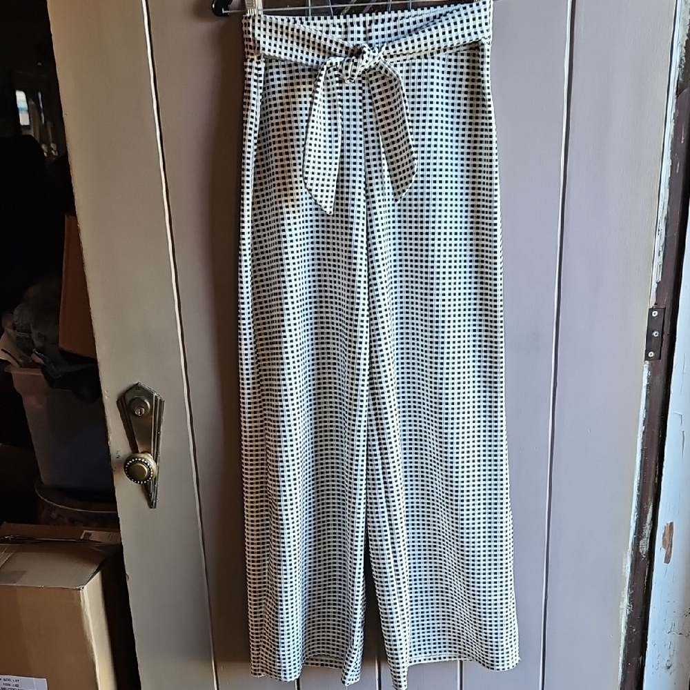 Maeve Black and White Grid High-Waist Wide-Leg Pants with Tie